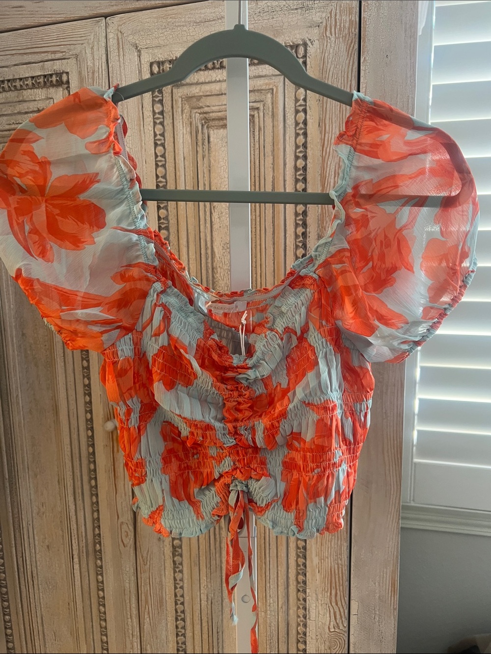 Olivaceous Orange Floral Puff-Sleeve Crop Top on Light Blue